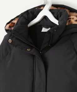 Doudoune noire fille à capuche imprimé léopard