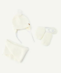 Ensemble bonnet, moufles et snood bébé fille blanc