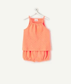 Ensemble manches courtes bébé fille en maille orange fluo