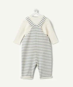 Ensemble salopette naissance garçon écru à rayures