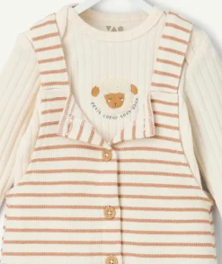 Ensemble salopette naissance garçon rayé écru