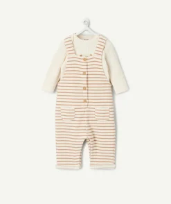 Ensemble salopette naissance garçon rayé écru