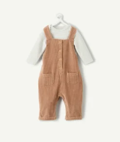 Ensemble salopette naissance garçon camel effet velours