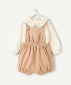 Ensemble salopette naissance fille beige et écru