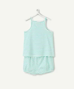 Ensemble top et short bébé fille en coton bio imprimé à rayures vert et blanc