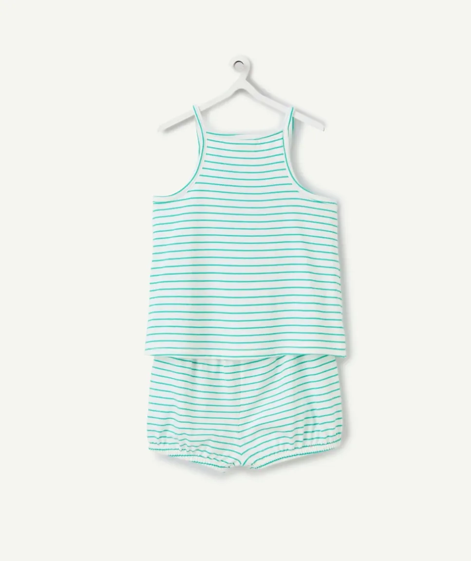 Ensemble top et short bébé fille en coton bio imprimé à rayures vert et blanc