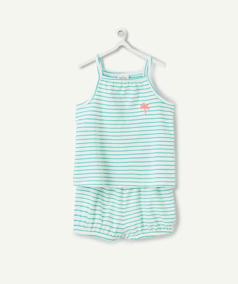 Ensemble top et short bébé fille en coton bio imprimé à rayures vert et blanc