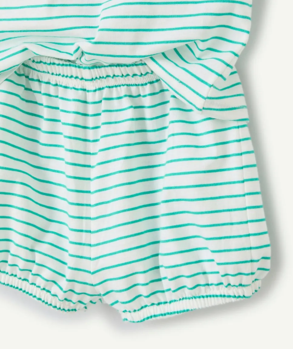 Ensemble top et short bébé fille en coton bio imprimé à rayures vert et blanc