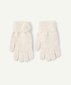 Gants fille maille écru pompon fantaisie