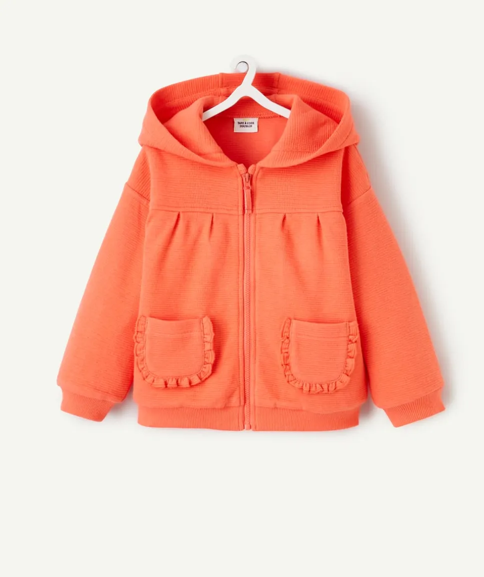Gilet à capuche bébé fille corail avec poche à volants