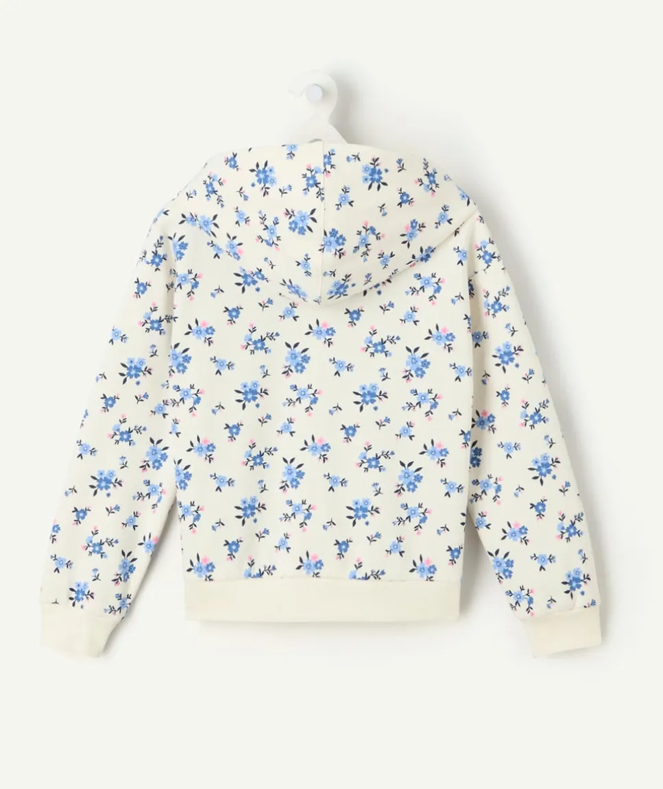 Gilet à capuche fille fleurs zippé crème