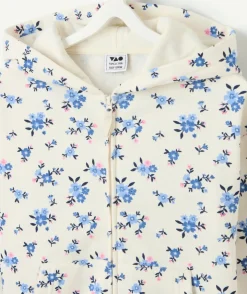 Gilet à capuche fille fleurs zippé crème