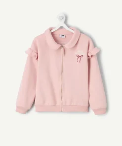 Gilet fille rose zippée col volanté