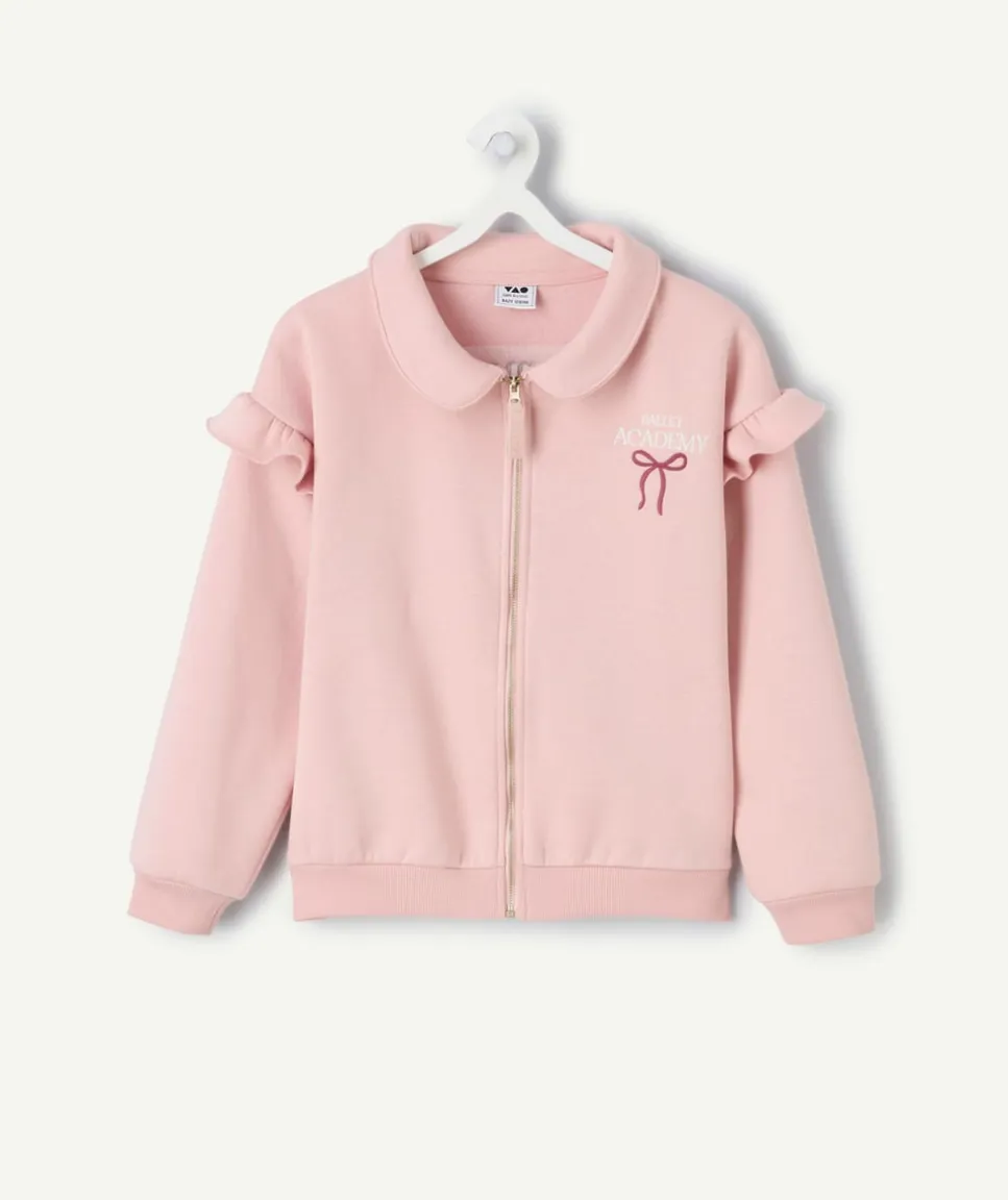 Gilet fille rose zippée col volanté