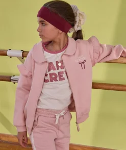 Gilet fille rose zippée col volanté