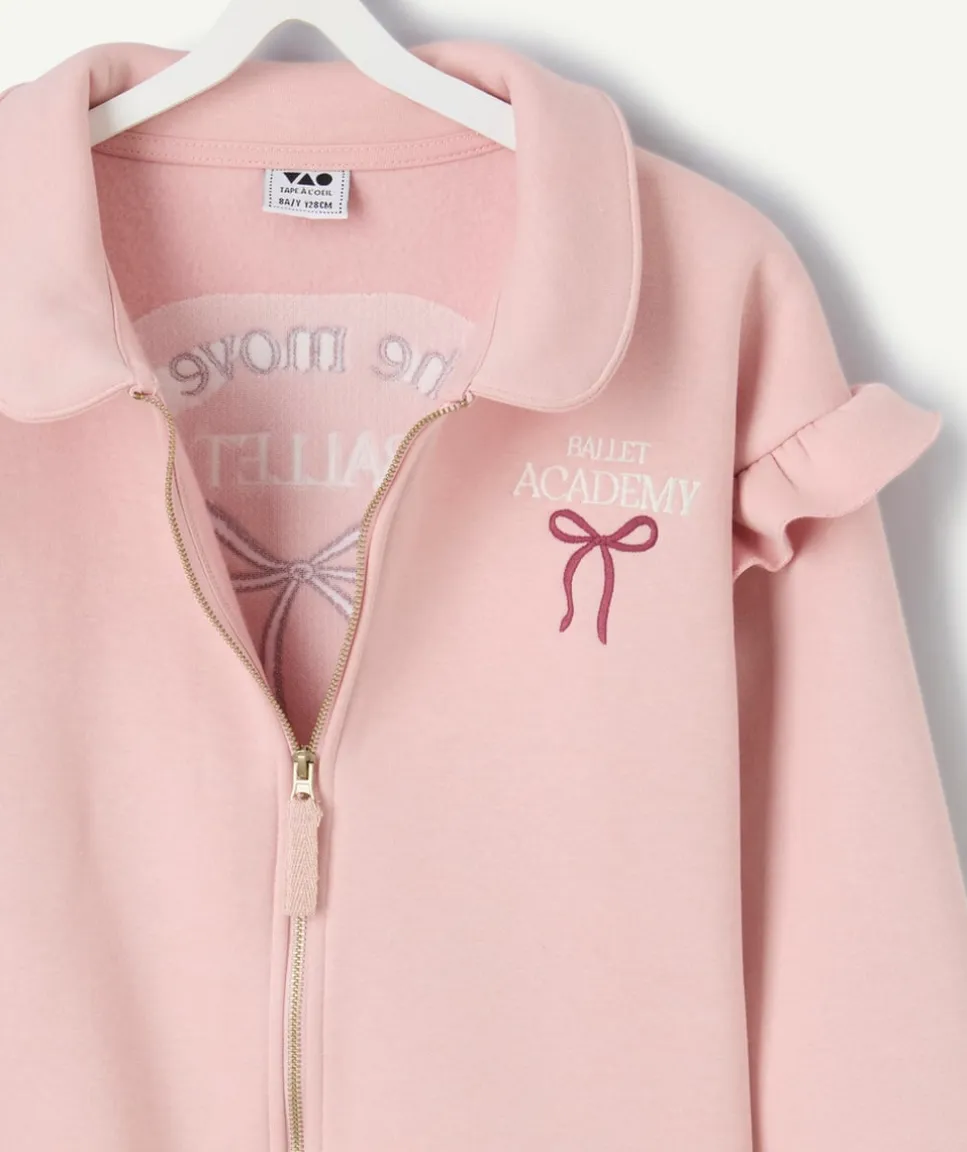 Gilet fille rose zippée col volanté