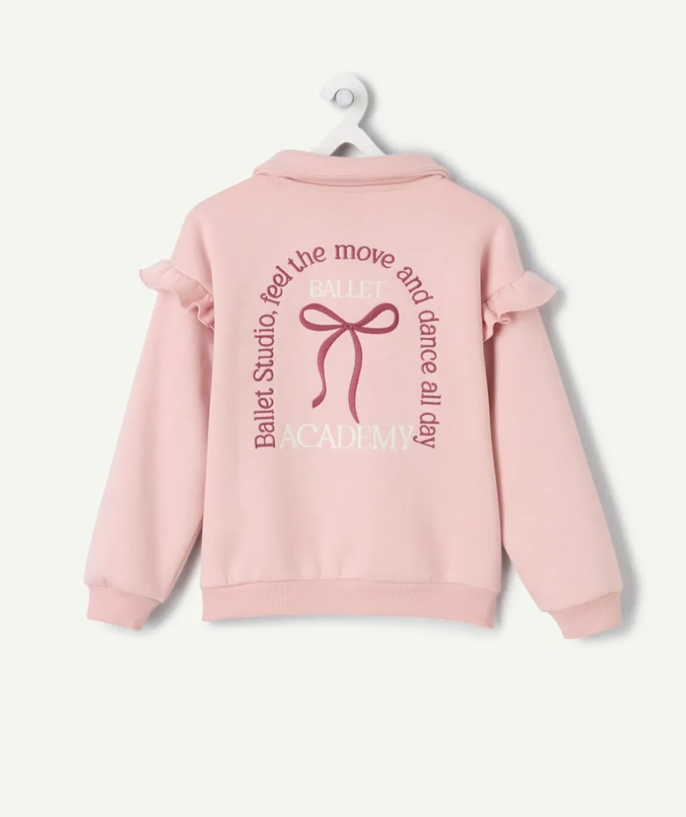 Gilet fille rose zippée col volanté