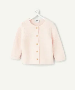 Gilet naissance fille en maille rose pâle