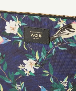 Housse pour tablette en fibres recyclées bleue et imprimée oiseaux