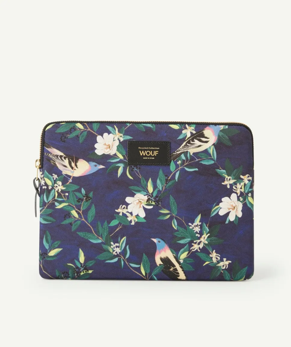Housse pour tablette en fibres recyclées bleue et imprimée oiseaux