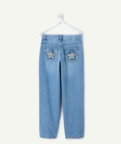 Jean fille droit bleu étoiles léopard aux poches