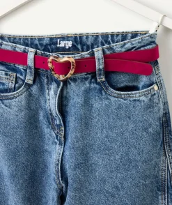 Jean fille large denim avec ceinture rose coeur