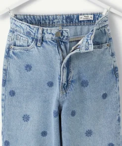 Jean fille wide leg broderie fleurs bleues