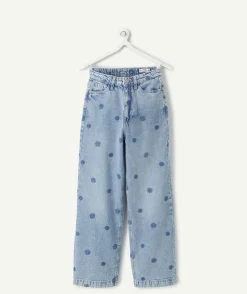 Jean fille wide leg broderie fleurs bleues
