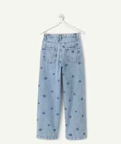 Jean fille wide leg broderie fleurs bleues