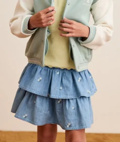 Jupe fille denim bleu volantée smockée