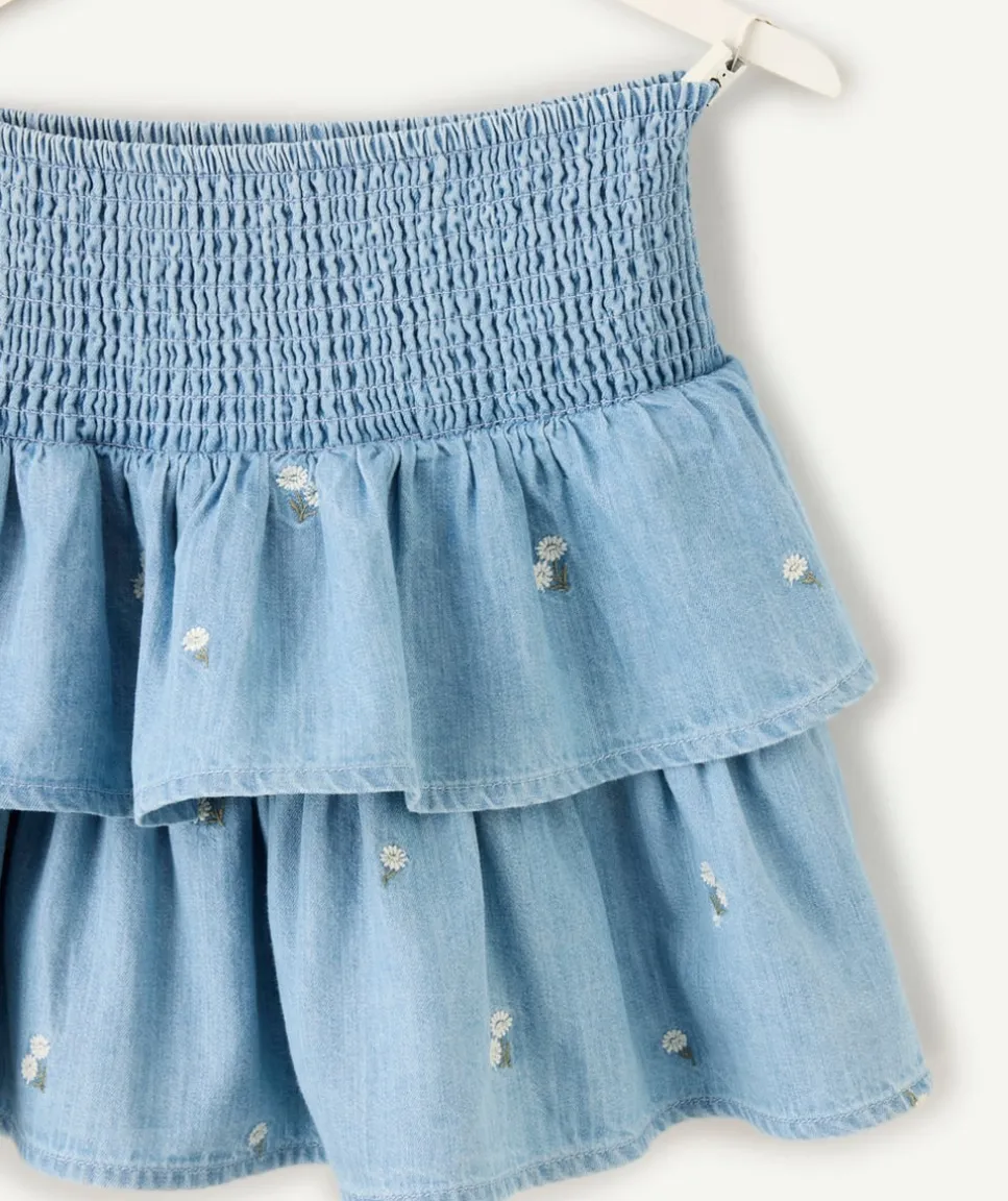 Jupe fille denim bleu volantée smockée