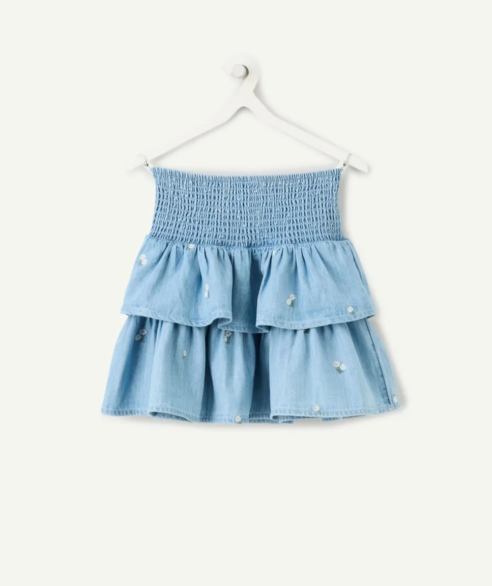 Jupe fille denim bleu volantée smockée