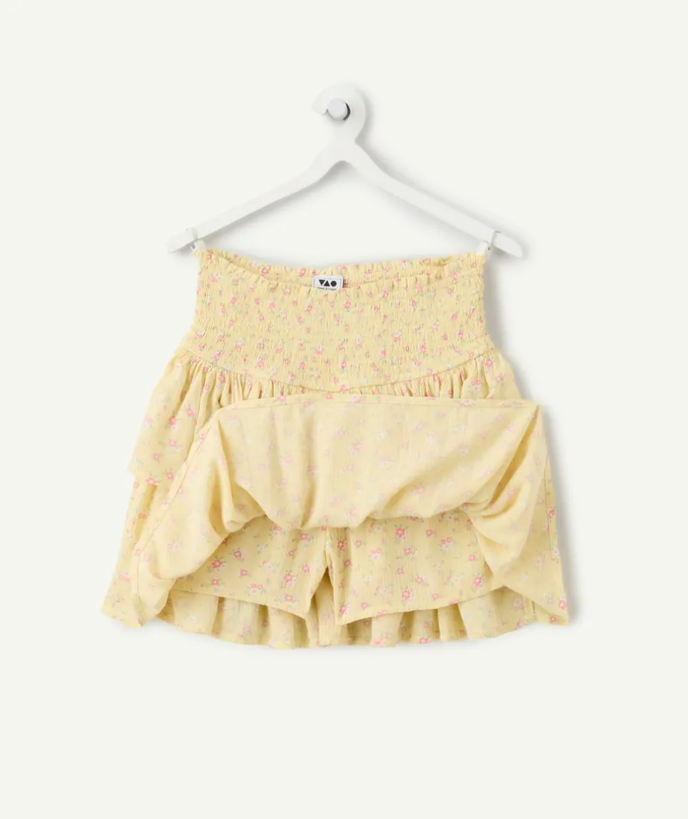 Jupe fille imprimé fleuri jaune volantée avec short intégré
