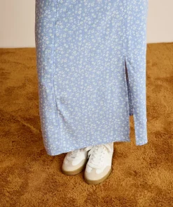 Jupe longue fille droite bleue fleuri
