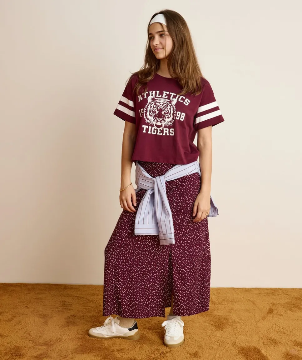 Jupe longue fille droite bordeaux à pois