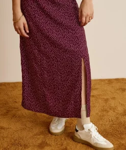 Jupe longue fille droite bordeaux à pois