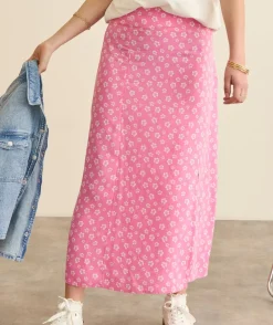 Jupe longue fille droite rose imprimé