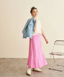 Jupe longue fille droite rose imprimé