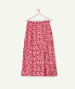 Jupe longue fille droite rouge fleuri