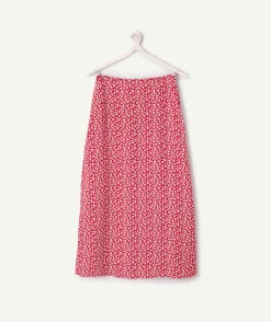 Jupe longue fille droite rouge fleuri