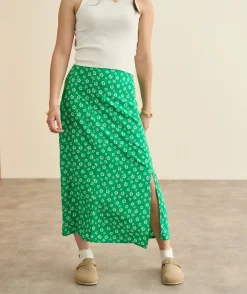 Jupe longue fille droite verte imprimé