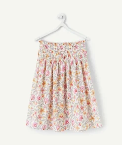 Jupe longue fille en coton écru et imprimé floral jaune et rose