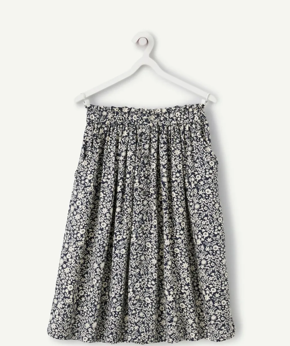 Jupe longue fille en viscose reponsable imprimée fleurie écru et bleu marine