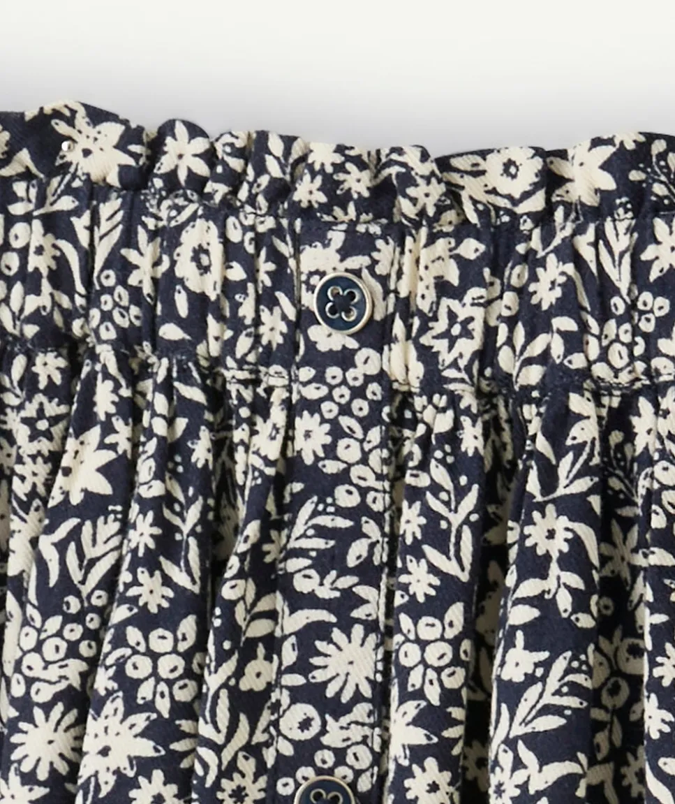 Jupe longue fille en viscose reponsable imprimée fleurie écru et bleu marine