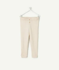 Legging bébé fille en coton bio écru côtelé avec boutons