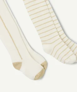 Les 2 collants écrus bébé fille avec détails couleur dorée