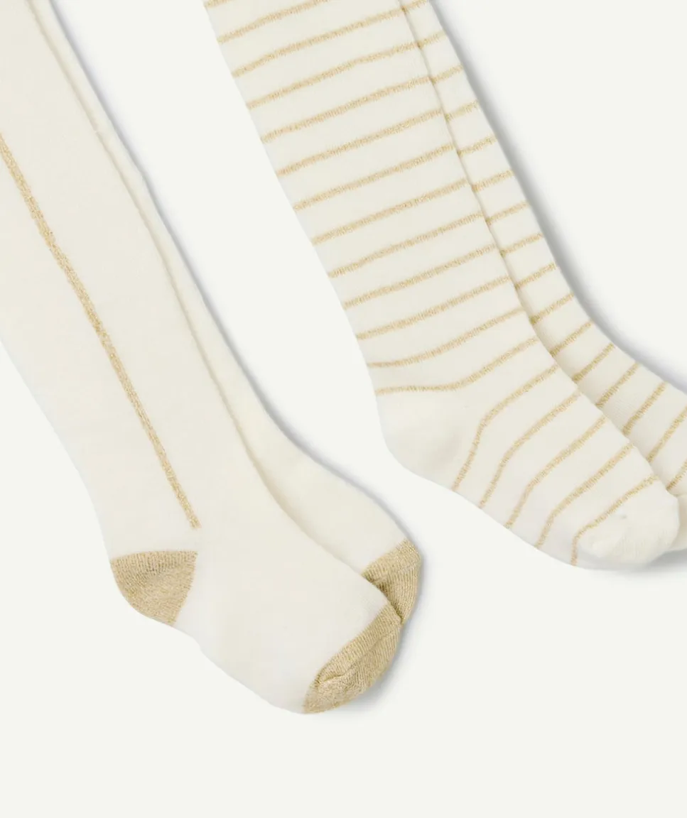 Les 2 collants écrus bébé fille avec détails couleur dorée