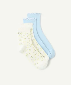 Lot chaussettes fille bleu imprimé fleuri