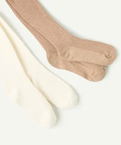 Lot 2 collants fille côtelés beige écru