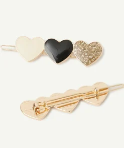 Lot de 2 barrettes avec des cœurs noir écru et paillettes